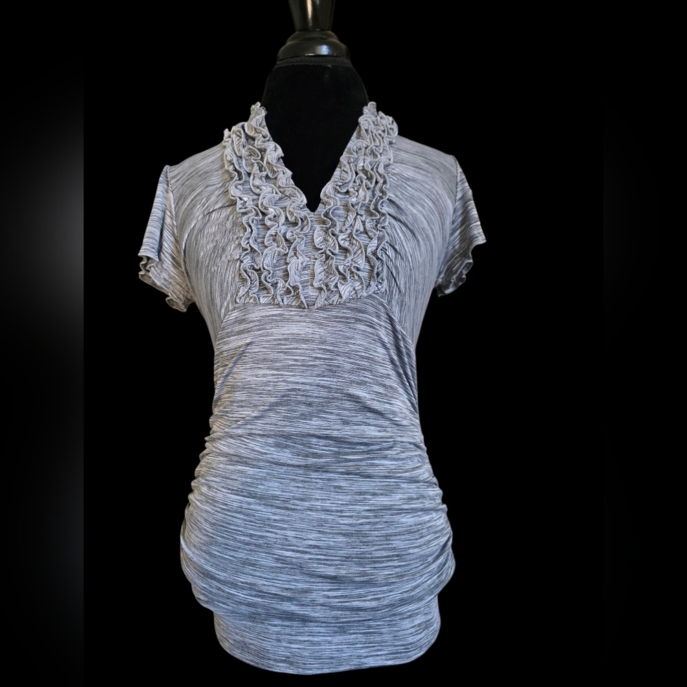Gray Ruffled V-Neck Women's Top - Picture 2 of 5